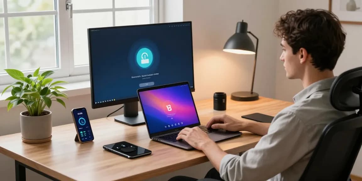 快连 VPN user in a modern home office accessing a secure, fast network connection with multiple devices.
