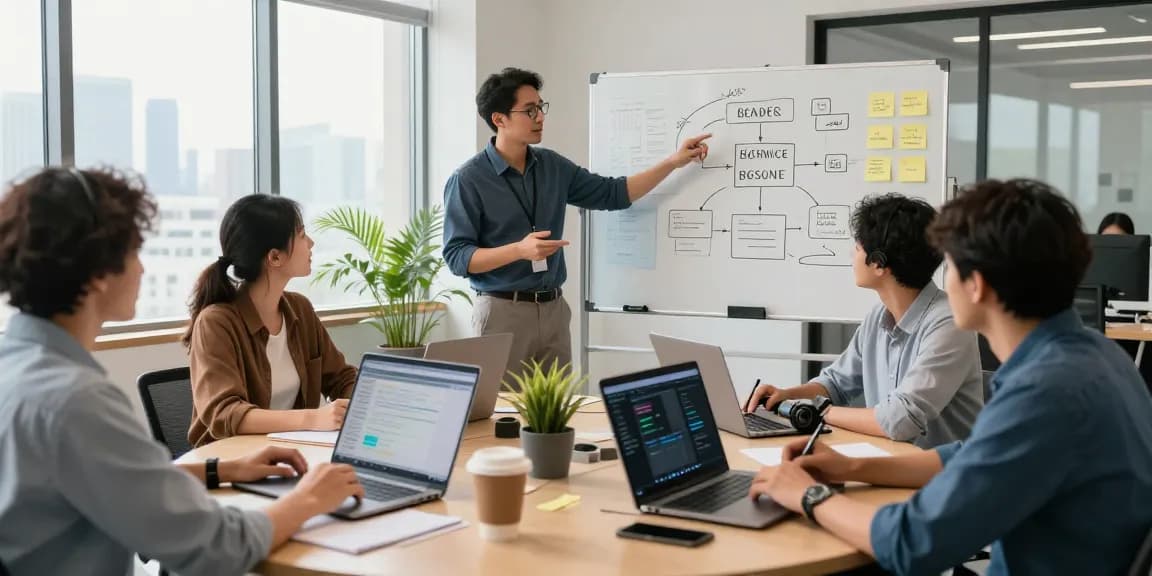Professional IT support for small businesses team collaborating in a modern office, showcasing active teamwork and technology strategy.