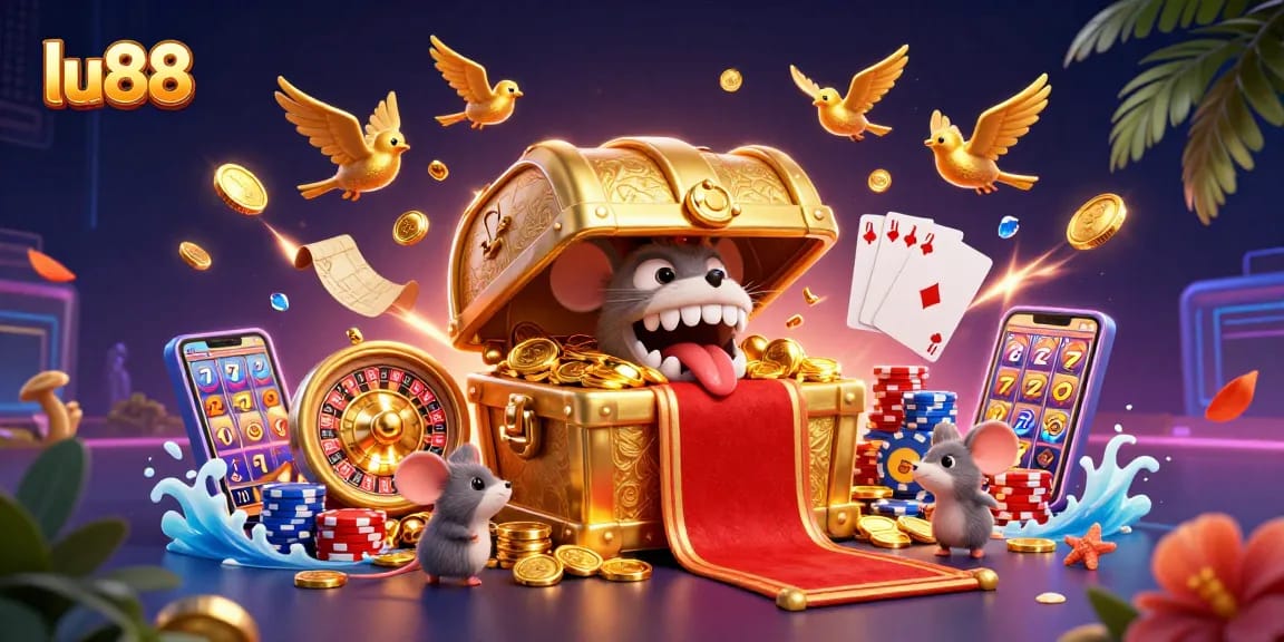 Experience thrilling gambling with lu88 amidst golden treasures and vibrant casino elements.