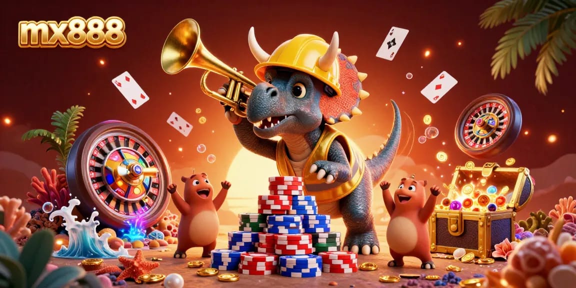 Spin and win with mx888, featuring a triceratops celebrating a vibrant casino scene.