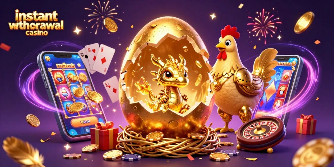 Winning at an instant withdrawal casino with golden dragon and poker chips joyfully celebrating payouts.