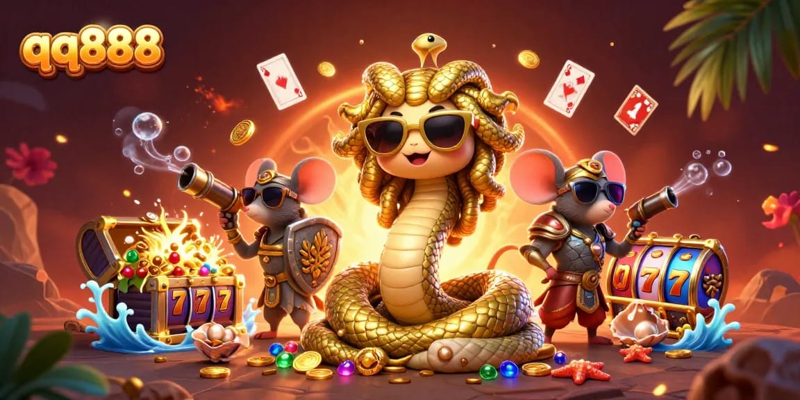 Engage in thrilling adventures with qq888, featuring a vibrant scene of gambling excitement and friendly characters.