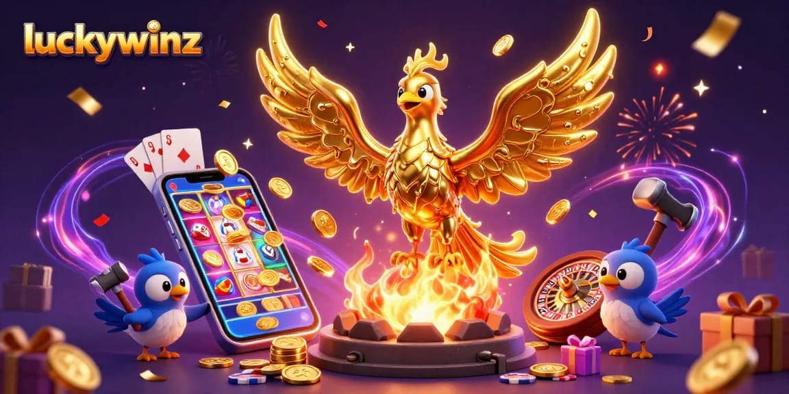 Engage in the thrilling world of luckywinz with a captivating golden phoenix and casino elements showcasing vibrant gameplay.