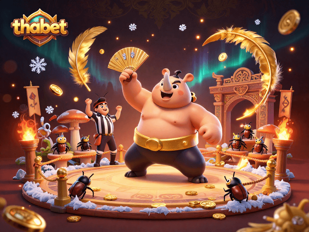 thabet showcases a thrilling 3D sumo beetle championship with flying gold coins in a vibrant casino atmosphere