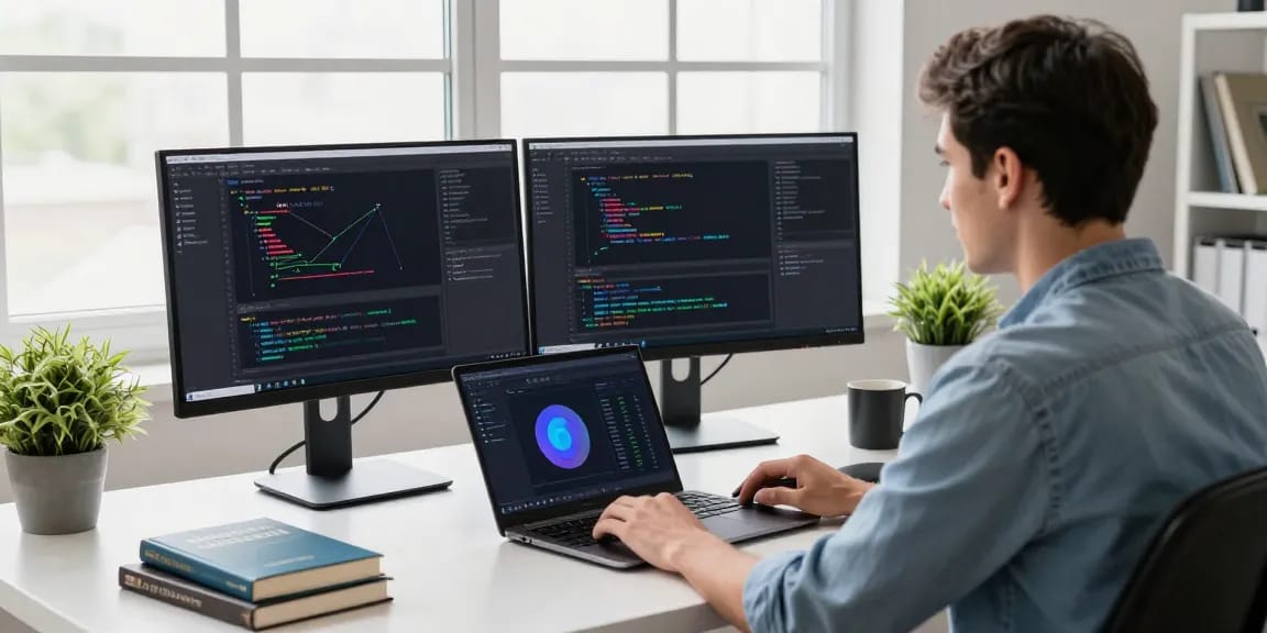 快连 software usage in a modern workspace with a developer optimizing network code.