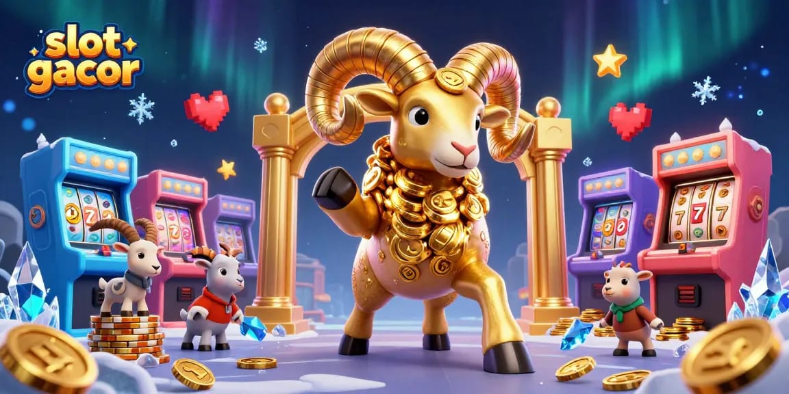 Experience the thrill of slot gacor with a vibrant 3D illustration featuring a golden ram charging through arcade elements.