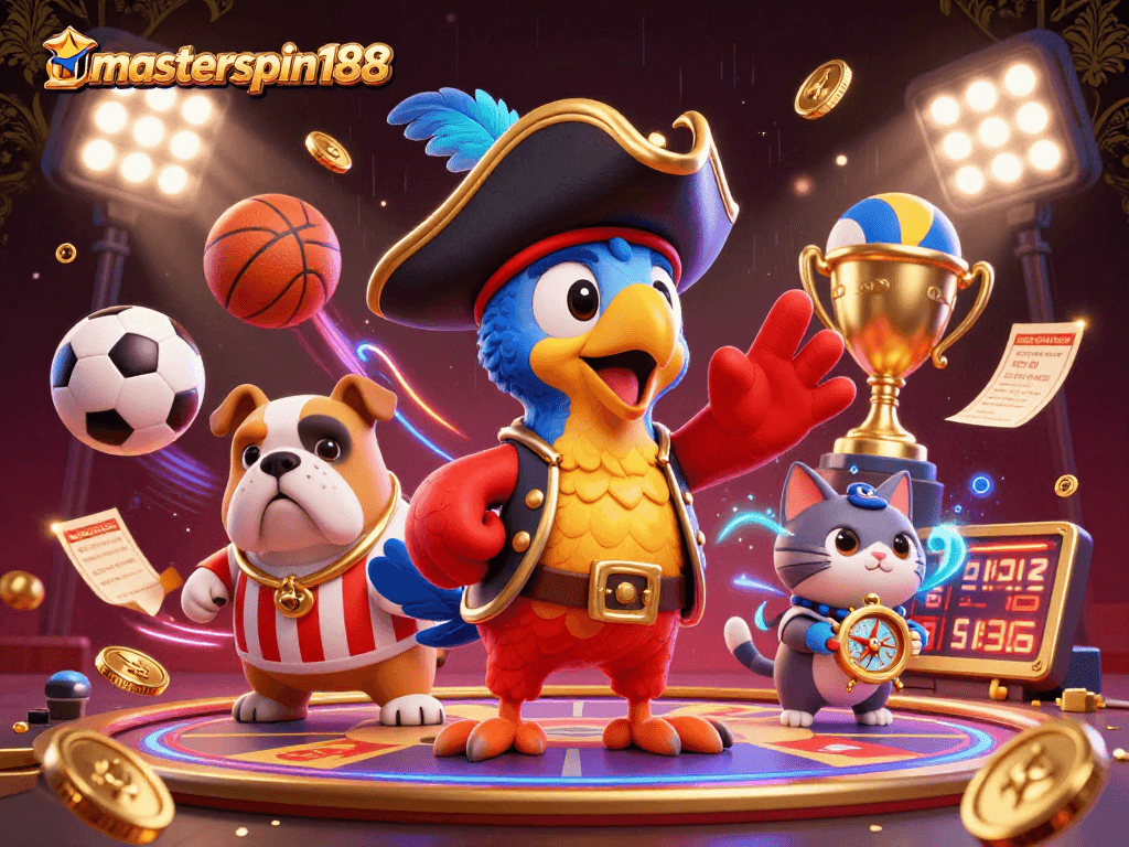 Engage with masterspin188 through dynamic sports betting, showcasing vibrant 3D characters and elements.