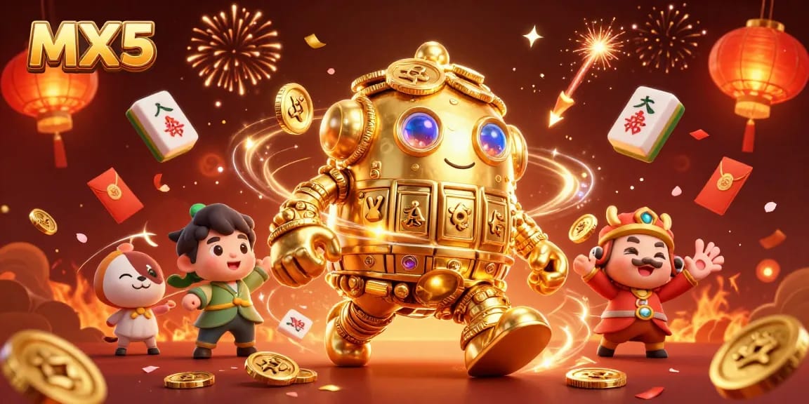 Engage with MX5's thrilling gaming experience featuring a golden golem amidst vibrant gambling elements.