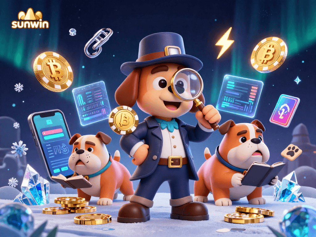 Sunwin's engaging casino adventure with a detective uncovering clues amidst glowing crypto coins.