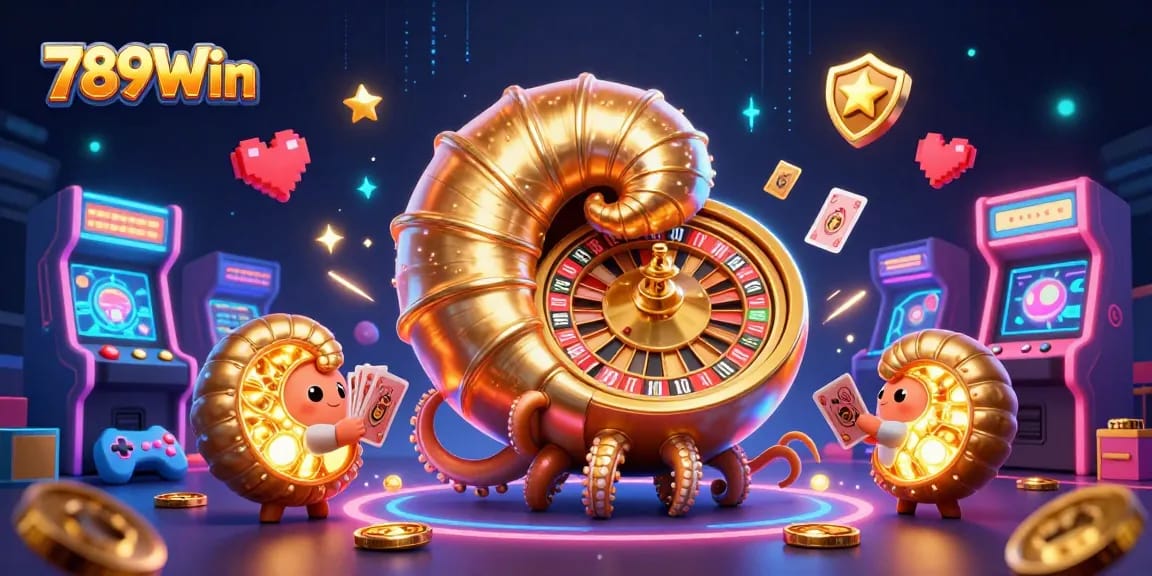 Experience the thrill of 789Win with a vibrant casino scene featuring a giant nautilus roulette wheel.