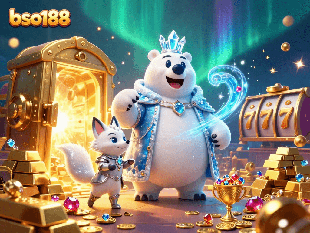 Experience thrilling wins with bso188 as the ice king and fox explore a treasure-filled casino.