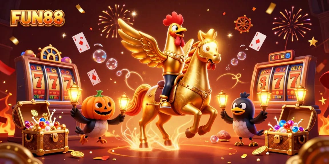 Experience dynamic gaming at FUN88 with a colorful casino scene featuring golden rooster characters.