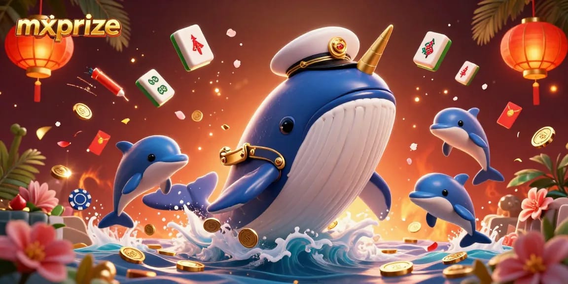 Engage with mxprize in this vibrant casino scene featuring a whimsical whale, narwhal, and playful dolphins amidst festive gambling elements.