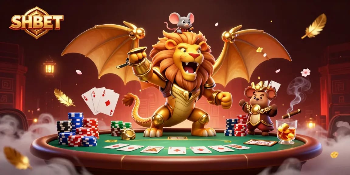 SHBET players engage in thrilling poker games amid a dynamic casino atmosphere with a roaring chimera.
