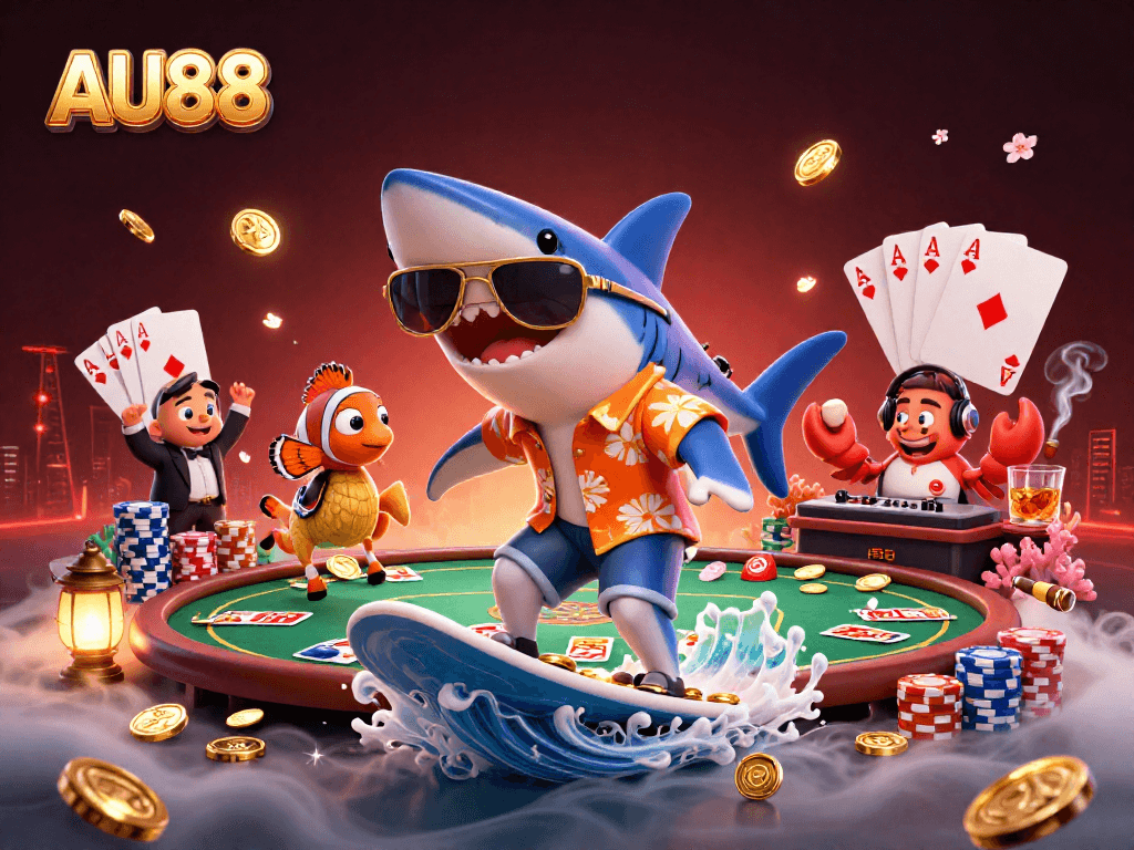 Experience thrilling gambling action with AU88 featuring cartoon characters in a vibrant casino scene.