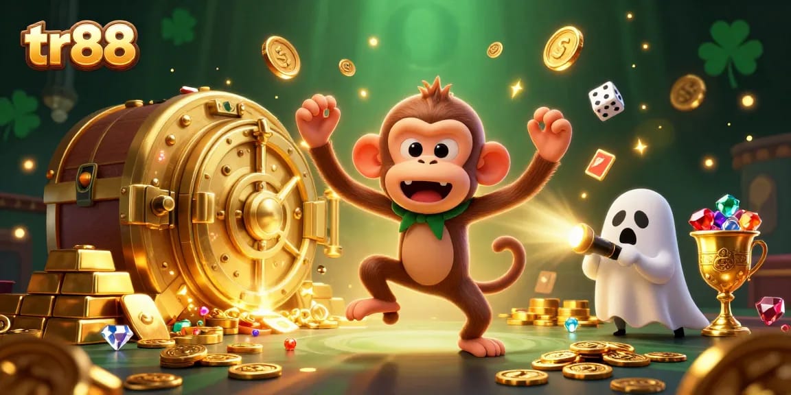 Experience the excitement at tr88 with a lively casino scene featuring a monkey and a ghost-hunter puppy!