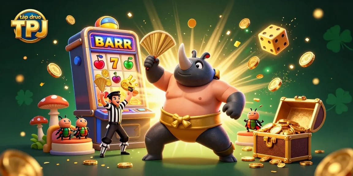 Tập đoàn TPJ features a dynamic scene with a beetle sumo champion and vibrant casino elements.