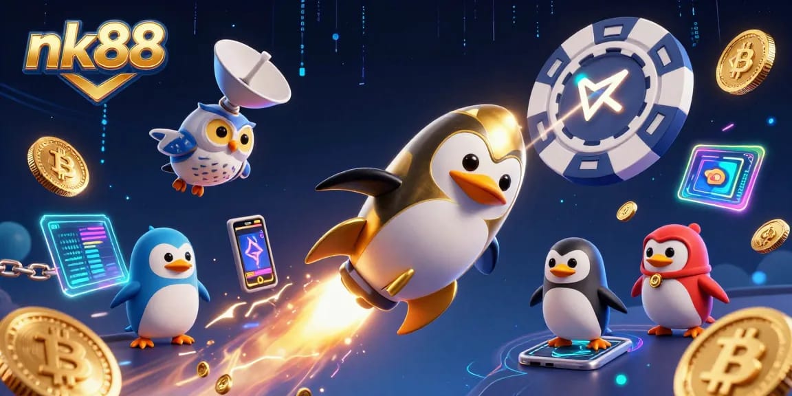 Experience nk88's exciting casino world with vibrant characters among dazzling coins and crypto elements in space.