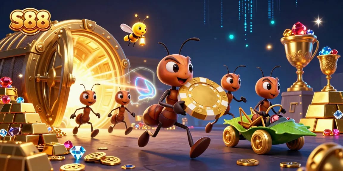 Experience vibrant action with S88 as cartoon ants carry a giant poker chip in a thrilling heist scene.