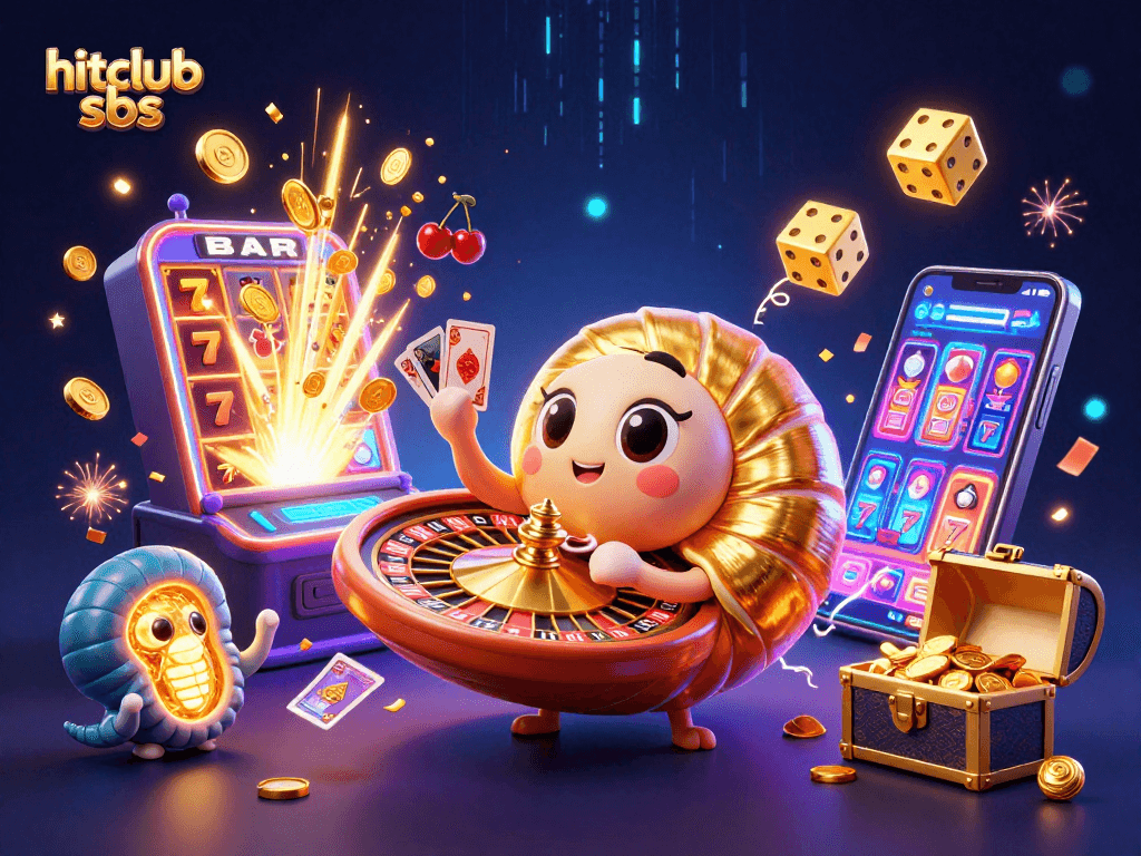 Play thrilling games at hitclub sbs with an exciting 3D casino illustration featuring slots and cards.