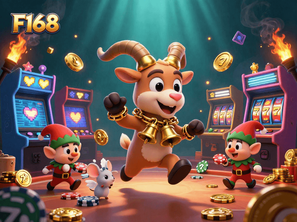 F168 showcases thrilling casino action with Krampus and playful characters stealing chips, engaging players.