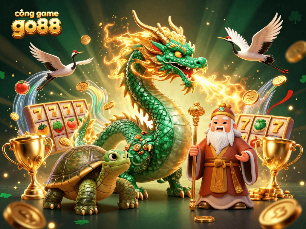 Experience the thrill of cổng game go88 with dynamic slot elements and magical creatures in this vibrant 3D illustration.