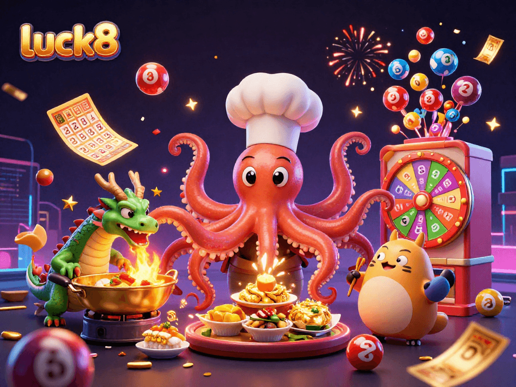 Experience excitement with luck8 as the cartoon octopus chef prepares golden dishes in a vibrant casino scene.