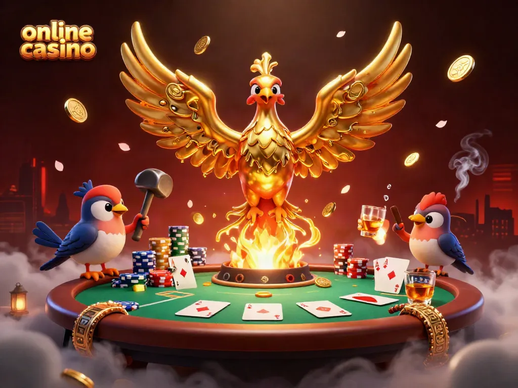Experience the excitement of an online casino with a golden phoenix, poker elements, and 3D art.