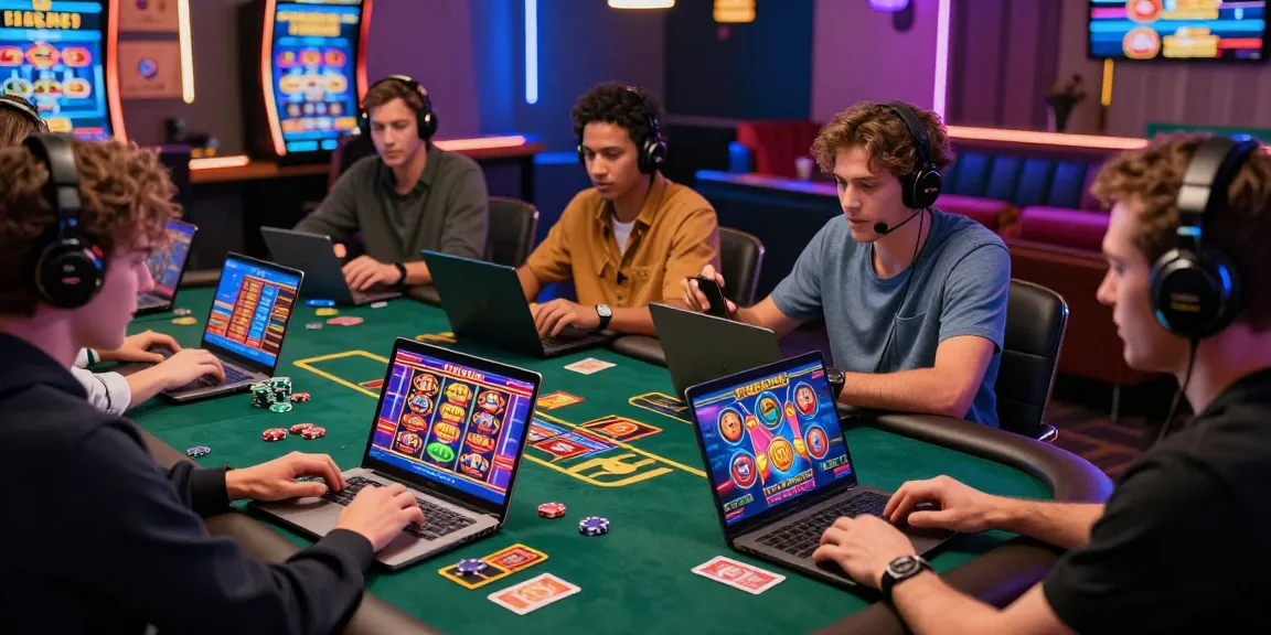 Scene di gioco emozionanti nei casino non AAMS sicuri con giocatori che si divertono su vari dispositivi, atmosfera vivace e immagini immersive.