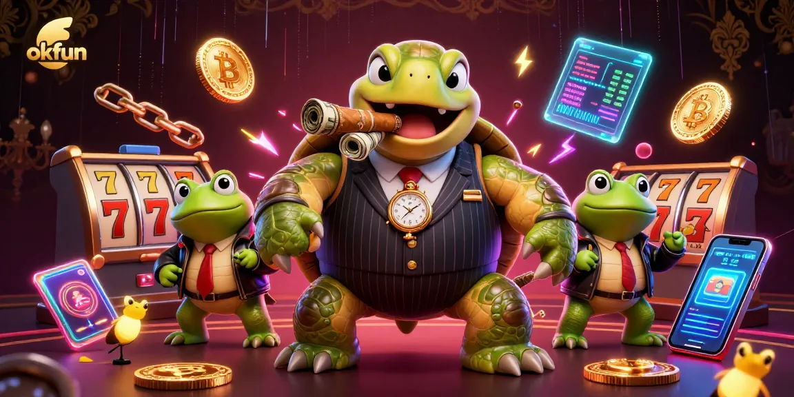 Engage in thrilling slot games at okfun featuring a vibrant casino scene with whimsical characters and neon effects.