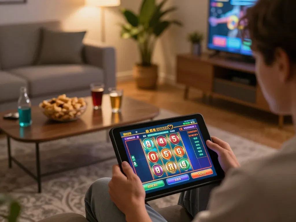 A player spins the reels on a no hu slot game interface during an online gaming session at home