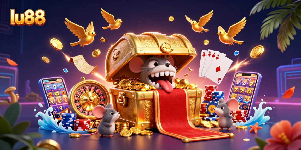 Experience thrilling gambling with lu88 amidst golden treasures and vibrant casino elements.