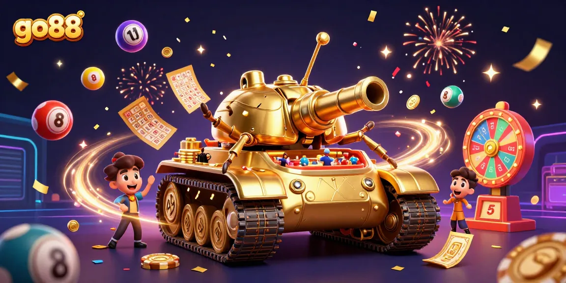 Experience go88's vibrant casino adventure with a golden beetle tank bursting with fun elements.