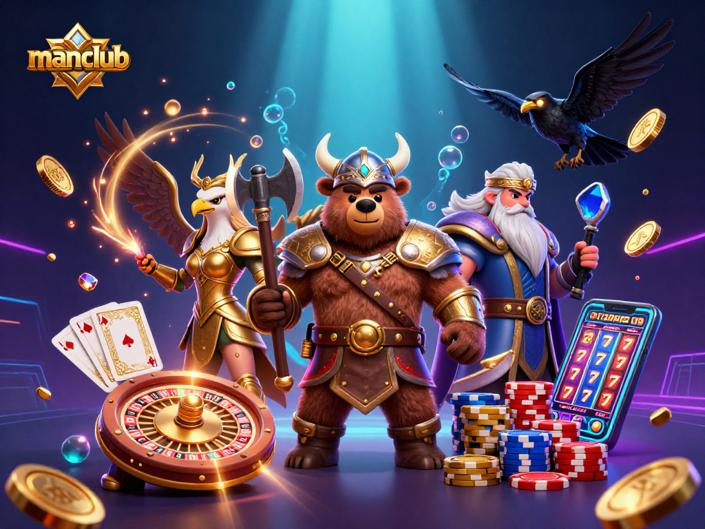 Experience thrilling gameplay with manclub's Viking bear and Valkyrie eagle amidst flowing coins and poker elements.