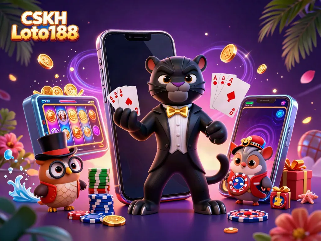 Engage with CSKH Loto188 as a stylish panther deals cards amid vibrant casino elements and playful companions.