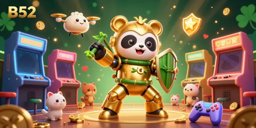 B52 gaming scene with a golden panda in a mech and vivid casino elements, showcasing action and excitement.