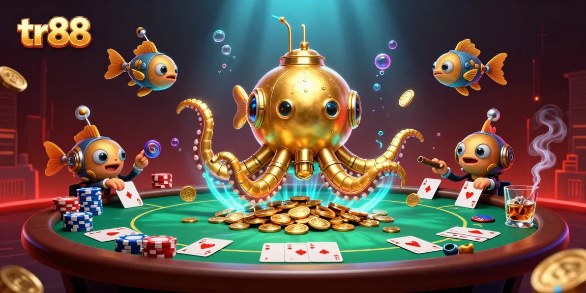 tr88 engages in rich gaming adventures with a kraken submarine and poker action amidst golden coins.