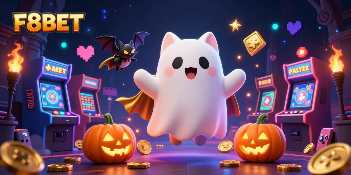 Engage with F8BET's casino adventure featuring a ghost cat and glowing jack-o-lanterns.