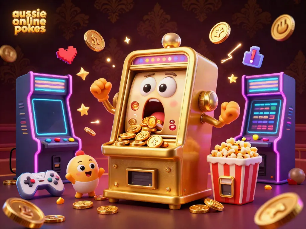 Aussie online pokies celebrate with a golden slot machine hitting a jackpot, surrounded by cheering pokies in a vibrant arcade.