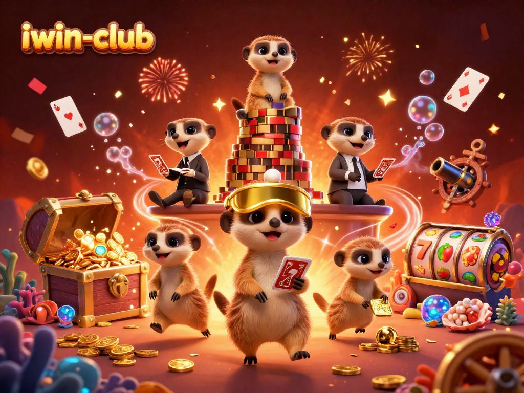 Experience the thrill of iwin-club: meerkats run a vibrant casino with colorful games and treasures.
