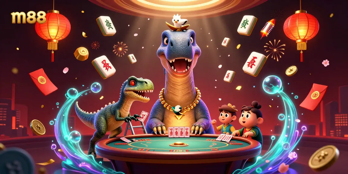 Engage with m88 as a playful brontosaurus towers over a vibrant poker scene filled with joy and winning moments.
