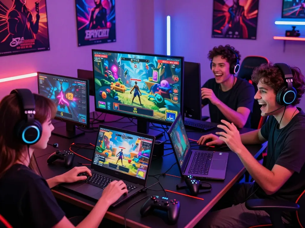 Engaged players enjoying immersive game sex experiences on laptops and phones in a colorful gaming room.