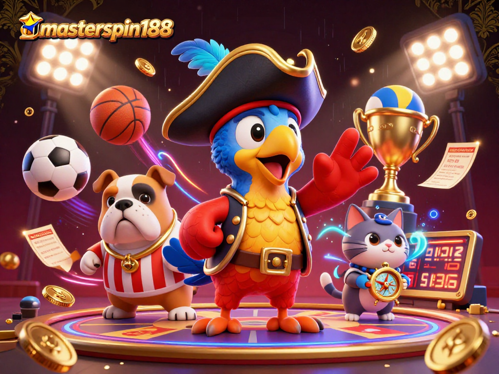 Engage with masterspin188 through dynamic sports betting, showcasing vibrant 3D characters and elements.