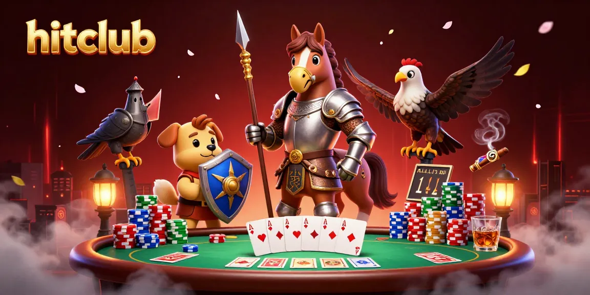 Join hitclub's dynamic gaming scene with a knight, pup, and falcon at a vibrant poker table.
