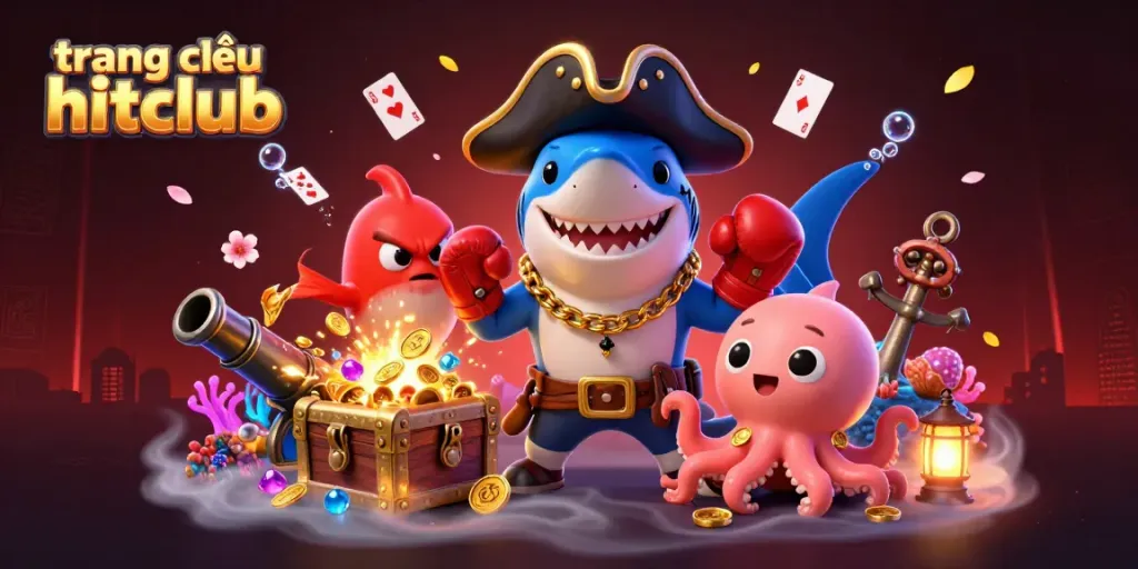 Experience the thrill of gaming at trang chủ hitclub with vibrant illustrations of a shark, pufferfish, and octopus.