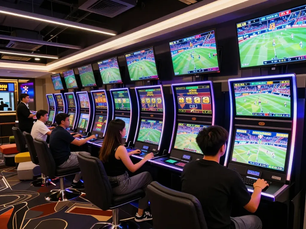 MM88 patrons engaging in high-energy sports betting experience in a vibrant lounge