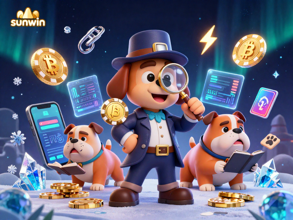 Sunwin's engaging casino adventure with a detective uncovering clues amidst glowing crypto coins.