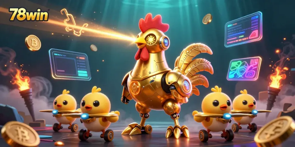 Engage with 78win through a dynamic casino scene featuring futuristic elements and symbols.