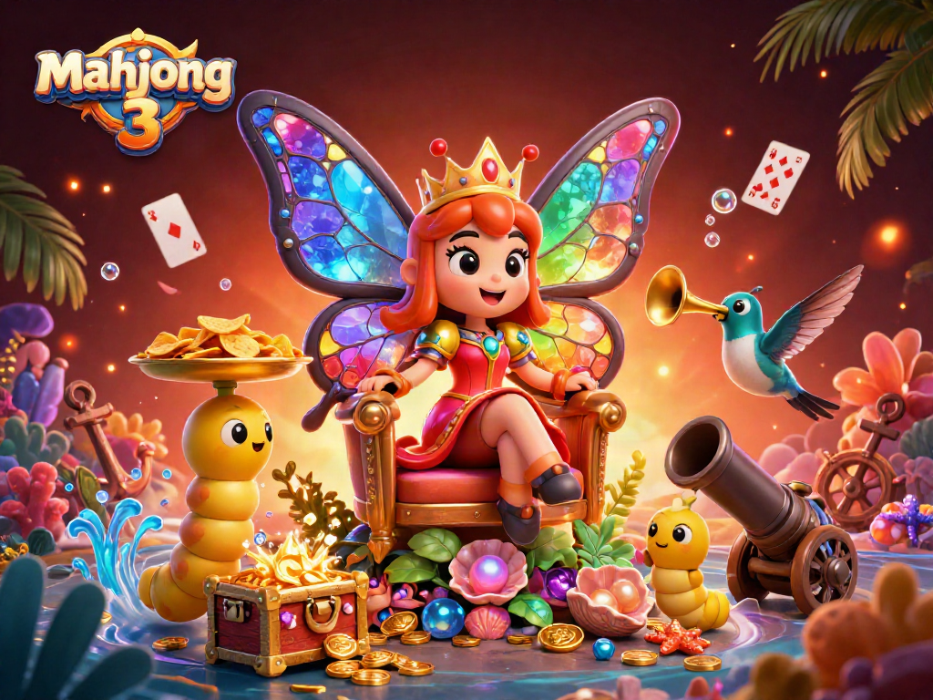 Experience mahjong 3 adventure with vibrant characters and casino elements in a captivating scene.