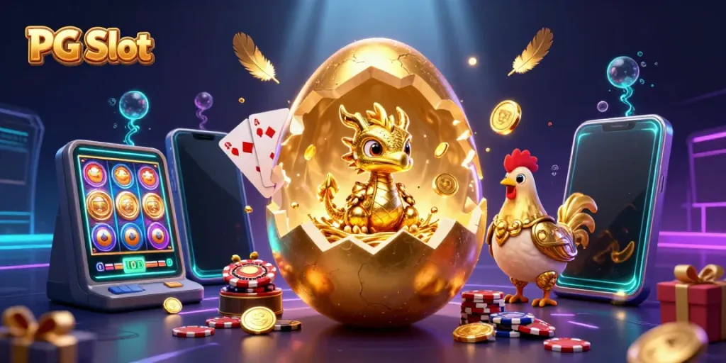 Experience the magic of PG Slot with a golden dragon and gaming elements in a vibrant casino scene.